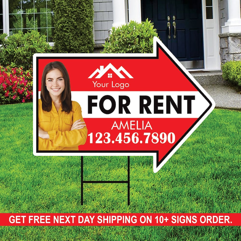Custom For Rent Arrow Yard Sign 18" x 24", 2 Sided Add Your Text, Logo, Photo Personalized For Rent Directional Signs with Metal H-Stake