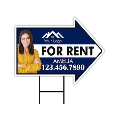 Custom For Rent Arrow Yard Sign 18" x 24", 2 Sided Add Your Text, Logo, Photo Personalized For Rent Directional Signs with Metal H-Stake