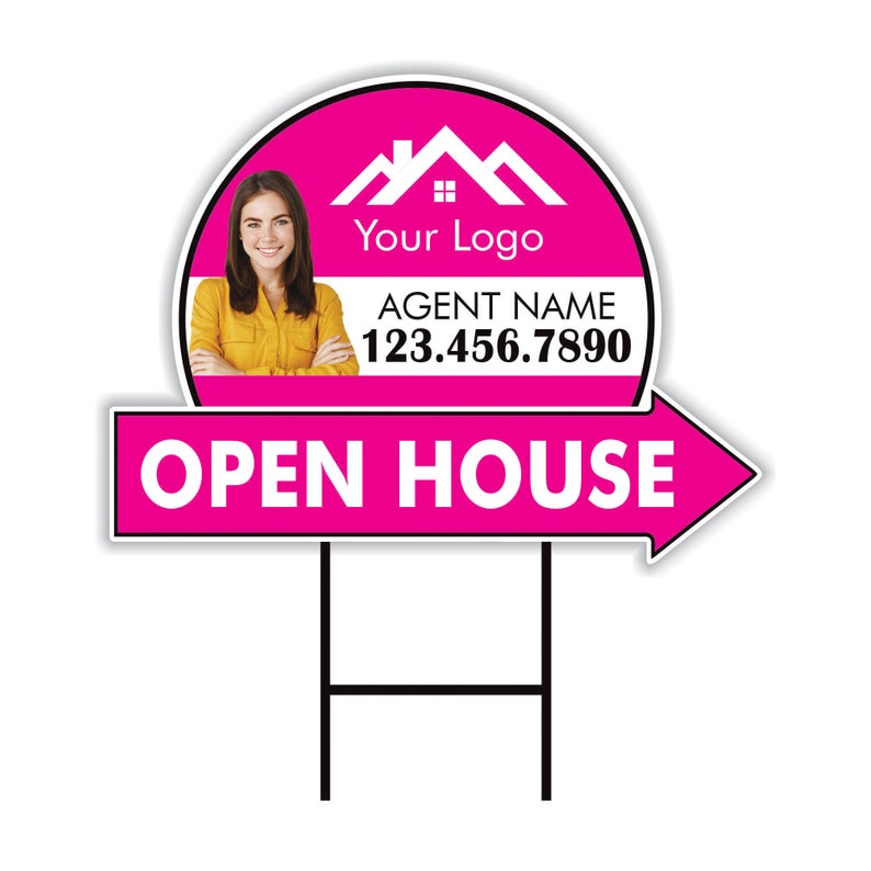 Custom Open House Arrow Yard Sign 18" x 24", 2 Sided Add Your Text, Logo, Photo Personalized Open House Directional Signs with Metal H-Stake