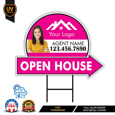Custom Open House Arrow Yard Sign 18" x 24", 2 Sided Add Your Text, Logo, Photo Personalized Open House Directional Signs with Metal H-Stake