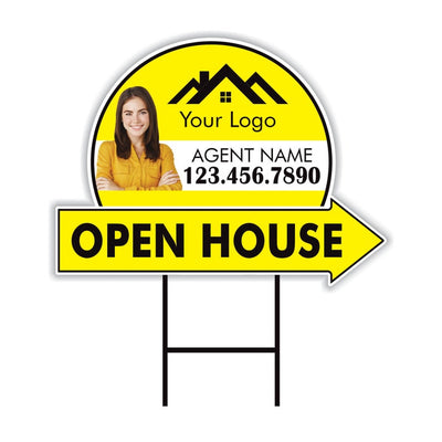 Custom Open House Arrow Yard Sign 18" x 24", 2 Sided Add Your Text, Logo, Photo Personalized Open House Directional Signs with Metal H-Stake