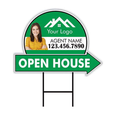 Custom Open House Arrow Yard Sign 18" x 24", 2 Sided Add Your Text, Logo, Photo Personalized Open House Directional Signs with Metal H-Stake