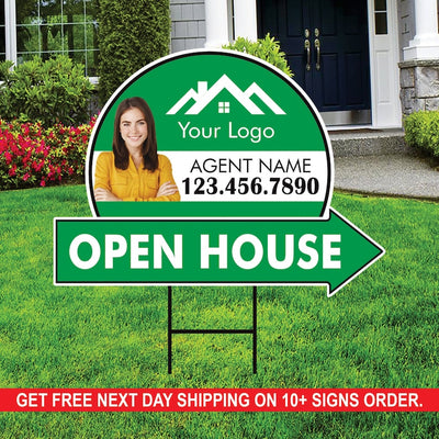 Custom Open House Arrow Yard Sign 18" x 24", 2 Sided Add Your Text, Logo, Photo Personalized Open House Directional Signs with Metal H-Stake