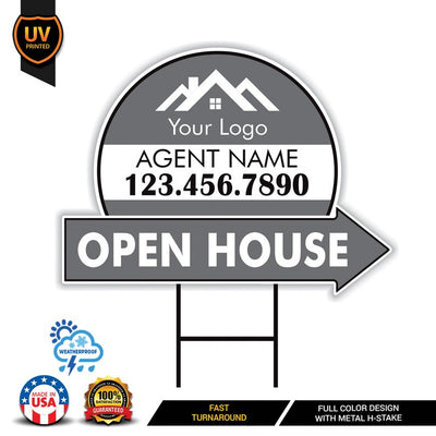 Custom Open House Arrow Yard Sign 18" x 24", 2 Sided Add Your Text, Logo, Photo Personalized Open House Directional Signs with Metal H-Stake