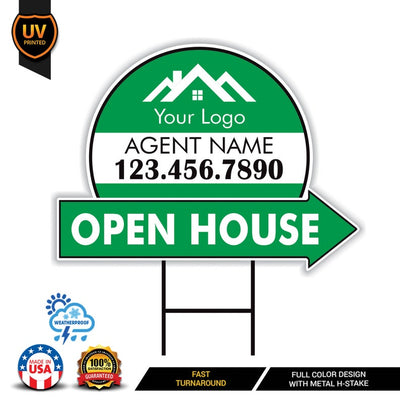Custom Open House Arrow Yard Sign 18" x 24", 2 Sided Add Your Text, Logo, Photo Personalized Open House Directional Signs with Metal H-Stake
