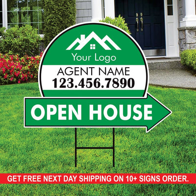 Custom Open House Arrow Yard Sign 18" x 24", 2 Sided Add Your Text, Logo, Photo Personalized Open House Directional Signs with Metal H-Stake