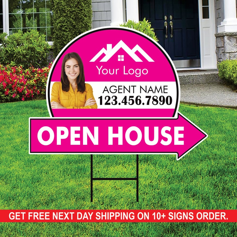 Custom Open House Arrow Yard Sign 18" x 24", 2 Sided Add Your Text, Logo, Photo Personalized Open House Directional Signs with Metal H-Stake