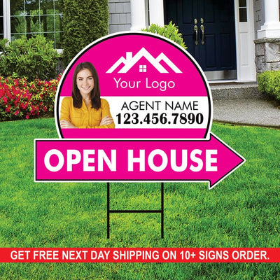 Custom Open House Arrow Yard Sign 18" x 24", 2 Sided Add Your Text, Logo, Photo Personalized Open House Directional Signs with Metal H-Stake