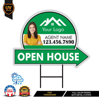 Custom Open House Arrow Yard Sign 18" x 24", 2 Sided Add Your Text, Logo, Photo Personalized Open House Directional Signs with Metal H-Stake