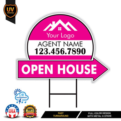 Custom Open House Arrow Yard Sign 18" x 24", 2 Sided Add Your Text, Logo, Photo Personalized Open House Directional Signs with Metal H-Stake