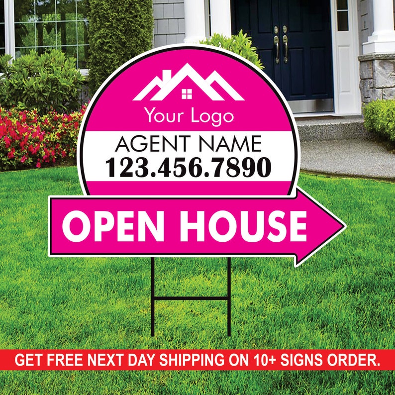 Custom Open House Arrow Yard Sign 18" x 24", 2 Sided Add Your Text, Logo, Photo Personalized Open House Directional Signs with Metal H-Stake