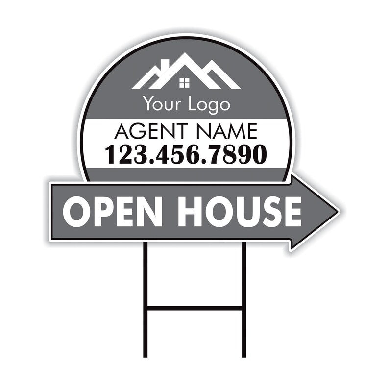 Custom Open House Arrow Yard Sign 18" x 24", 2 Sided Add Your Text, Logo, Photo Personalized Open House Directional Signs with Metal H-Stake