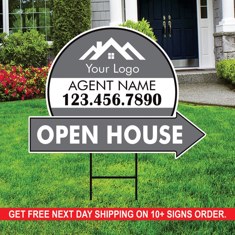 Custom Open House Arrow Yard Sign 18" x 24", 2 Sided Add Your Text, Logo, Photo Personalized Open House Directional Signs with Metal H-Stake