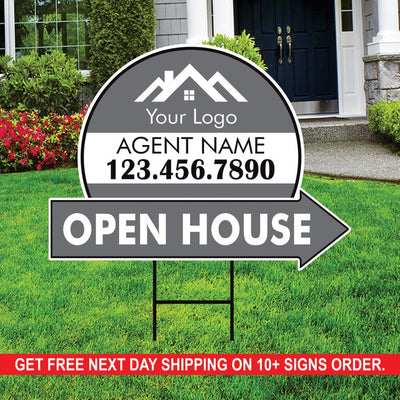 Custom Open House Arrow Yard Sign 18" x 24", 2 Sided Add Your Text, Logo, Photo Personalized Open House Directional Signs with Metal H-Stake