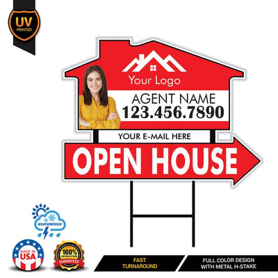 10 Pack Custom Open House Arrow Yard Sign 18" x 24", 2 Sided Add Your Text, Logo, Photo Personalized Directional Signs with Metal H-Stake