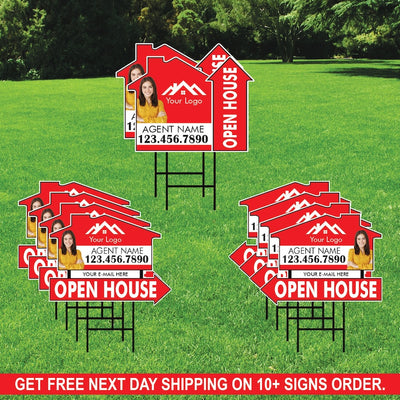 10 Pack Custom Open House Arrow Yard Sign 18" x 24", 2 Sided Add Your Text, Logo, Photo Personalized Directional Signs with Metal H-Stake