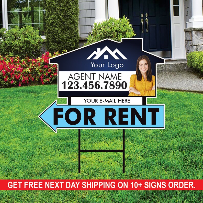 10 Pack Custom For Rent Arrow Yard Sign 18" x 24", 2 Sided Add Your Text, Logo, Photo Personalized Directional Signs with Metal H-Stake