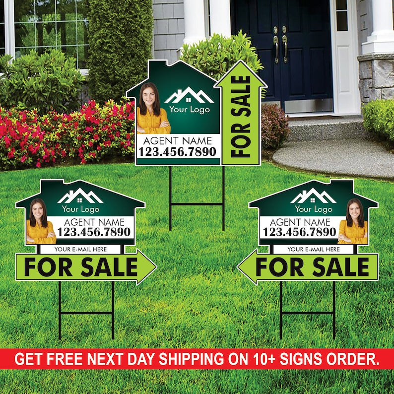 10 Pack Custom For Sale Arrow Yard Sign 18" x 24", 2 Sided Add Your Text, Logo, Photo Personalized Directional Signs with Metal H-Stake