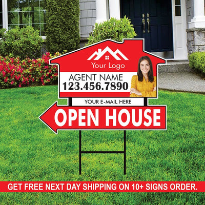 10 Pack Custom Open House Arrow Yard Sign 18" x 24", 2 Sided Add Your Text, Logo, Photo Personalized Directional Signs with Metal H-Stake