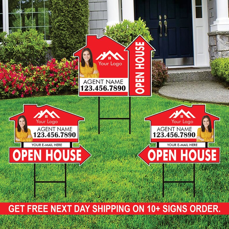 10 Pack Custom Open House Arrow Yard Sign 18" x 24", 2 Sided Add Your Text, Logo, Photo Personalized Directional Signs with Metal H-Stake