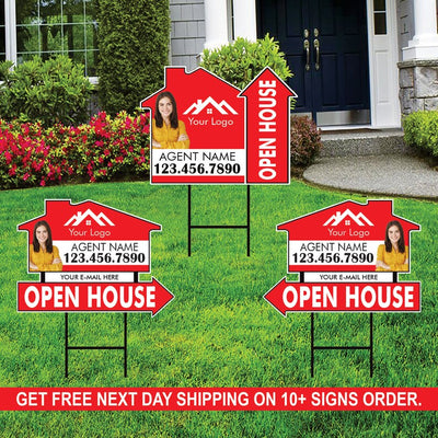 10 Pack Custom Open House Arrow Yard Sign 18" x 24", 2 Sided Add Your Text, Logo, Photo Personalized Directional Signs with Metal H-Stake