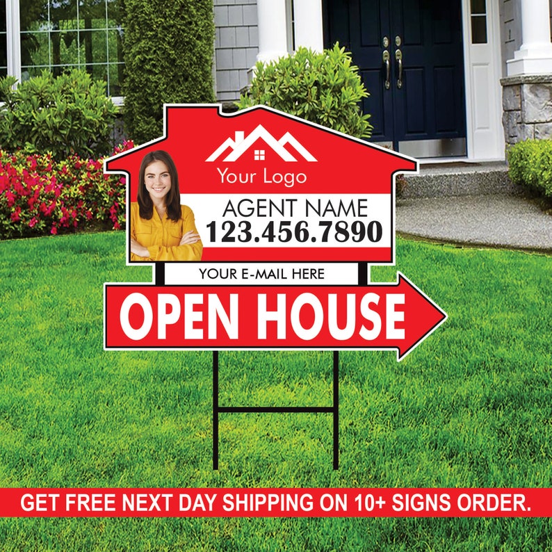 10 Pack Custom Open House Arrow Yard Sign 18" x 24", 2 Sided Add Your Text, Logo, Photo Personalized Directional Signs with Metal H-Stake
