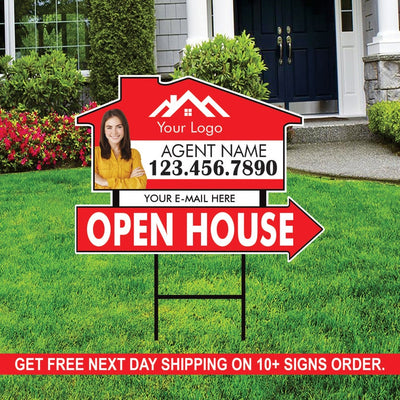 10 Pack Custom Open House Arrow Yard Sign 18" x 24", 2 Sided Add Your Text, Logo, Photo Personalized Directional Signs with Metal H-Stake
