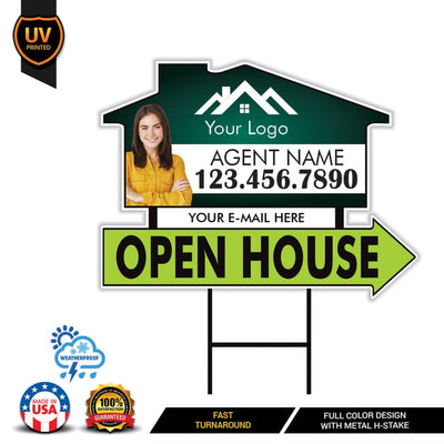 10 Pack Custom Open House Arrow Yard Sign 18" x 24", 2 Sided Add Your Text, Logo, Photo Personalized Directional Signs with Metal H-Stake
