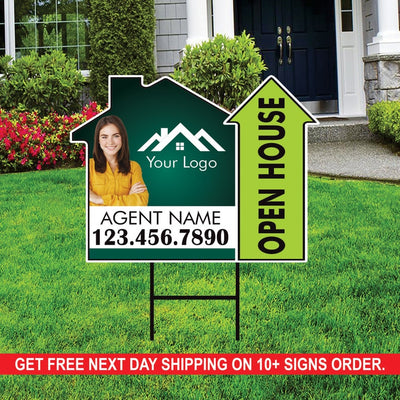 10 Pack Custom Open House Arrow Yard Sign 18" x 24", 2 Sided Add Your Text, Logo, Photo Personalized Directional Signs with Metal H-Stake