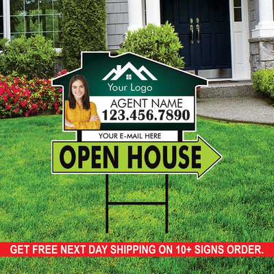 10 Pack Custom Open House Arrow Yard Sign 18" x 24", 2 Sided Add Your Text, Logo, Photo Personalized Directional Signs with Metal H-Stake