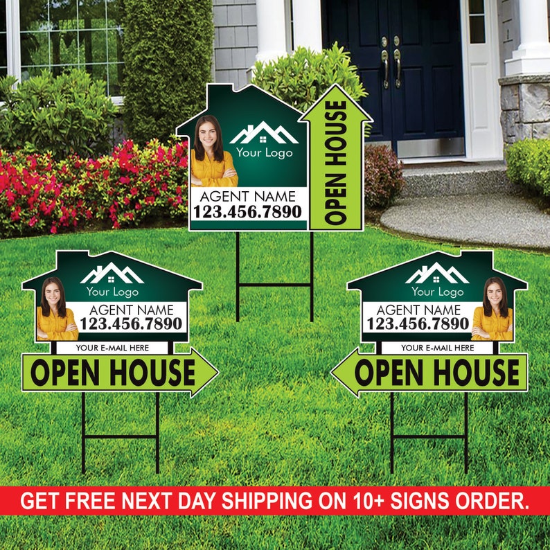 10 Pack Custom Open House Arrow Yard Sign 18" x 24", 2 Sided Add Your Text, Logo, Photo Personalized Directional Signs with Metal H-Stake