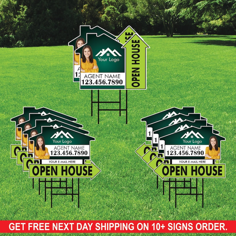 10 Pack Custom Open House Arrow Yard Sign 18" x 24", 2 Sided Add Your Text, Logo, Photo Personalized Directional Signs with Metal H-Stake