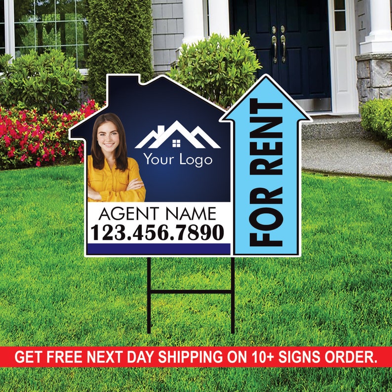 10 Pack Custom For Rent Arrow Yard Sign 18" x 24", 2 Sided Add Your Text, Logo, Photo Personalized Directional Signs with Metal H-Stake
