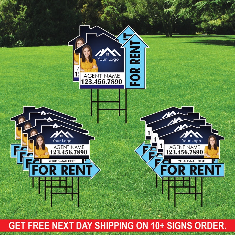 10 Pack Custom For Rent Arrow Yard Sign 18" x 24", 2 Sided Add Your Text, Logo, Photo Personalized Directional Signs with Metal H-Stake