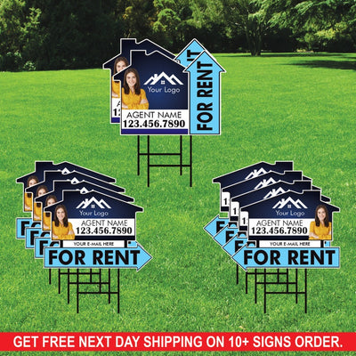 10 Pack Custom For Rent Arrow Yard Sign 18" x 24", 2 Sided Add Your Text, Logo, Photo Personalized Directional Signs with Metal H-Stake