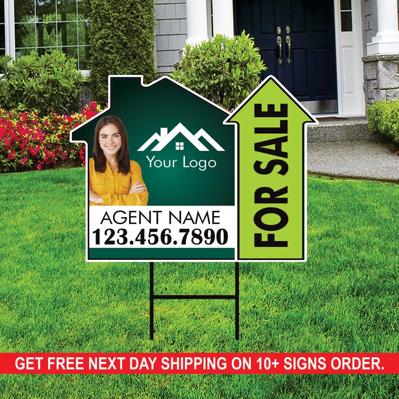 10 Pack Custom For Sale Arrow Yard Sign 18" x 24", 2 Sided Add Your Text, Logo, Photo Personalized Directional Signs with Metal H-Stake