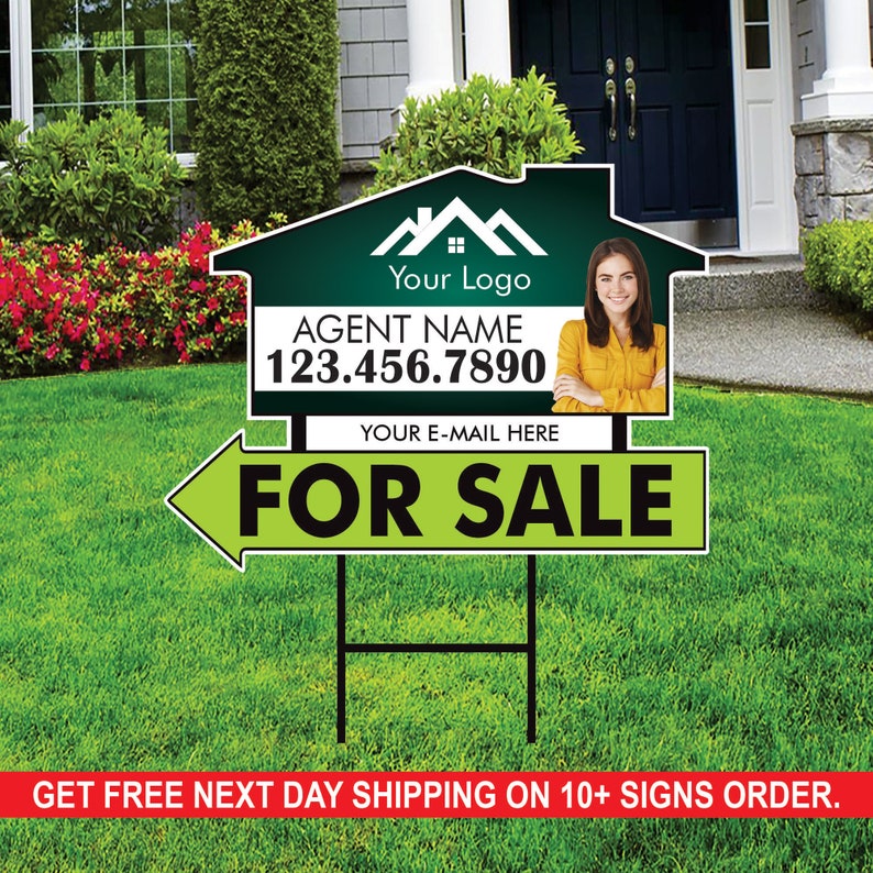 10 Pack Custom For Sale Arrow Yard Sign 18" x 24", 2 Sided Add Your Text, Logo, Photo Personalized Directional Signs with Metal H-Stake