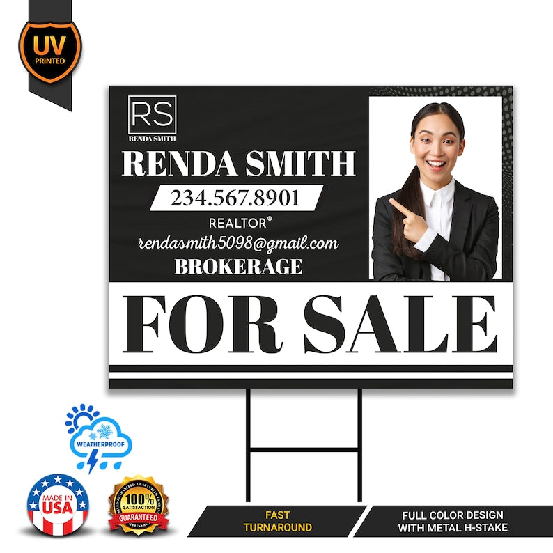 Real Estate Yard Sign Personalized - Coroplast For Sale Sign, Real Estate Marketing Realtor Sign, Custom for Sale Sign with Metal H-Stake