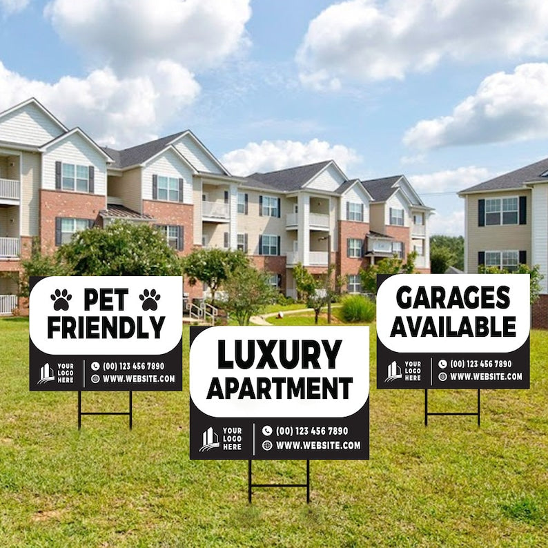 Custom Apartment Leasing Yard Signs - 10 Pack, 24"x18", Double-Sided, Personalize with Text/Logo/Photo, Durable Metal H-Stake Included
