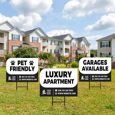 Custom Apartment Leasing Yard Signs - 10 Pack, 24"x18", Double-Sided, Personalize with Text/Logo/Photo, Durable Metal H-Stake Included