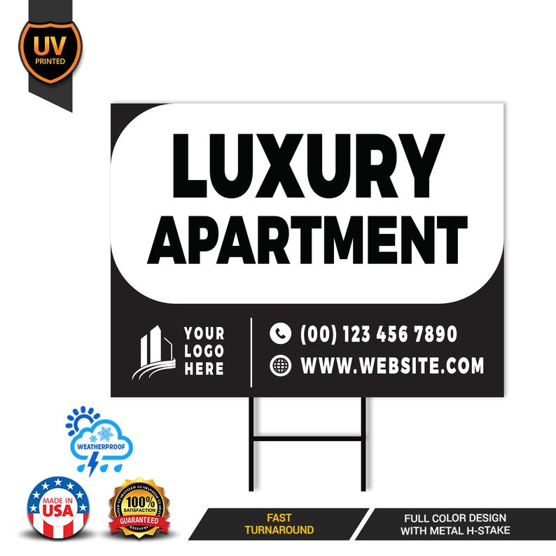 Custom Apartment Leasing Yard Signs - 10 Pack, 24"x18", Double-Sided, Personalize with Text/Logo/Photo, Durable Metal H-Stake Included