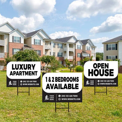 Custom Apartment Leasing Yard Signs - 10 Pack, 24"x18", Double-Sided, Personalize with Text/Logo/Photo, Durable Metal H-Stake Included