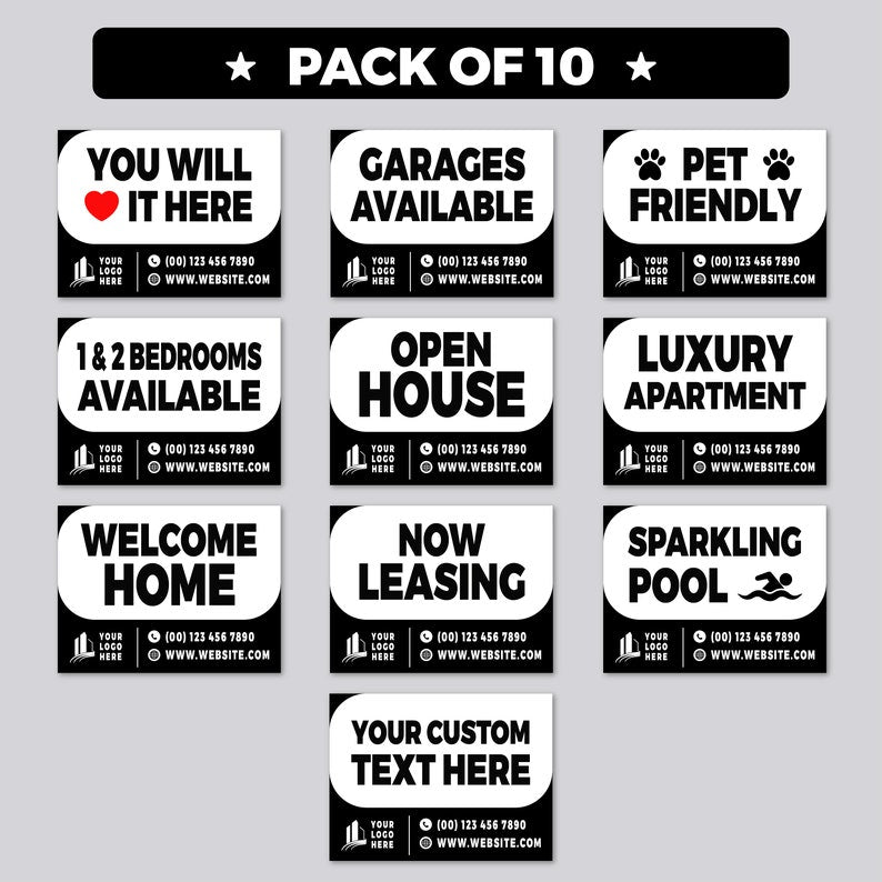 Custom Apartment Leasing Yard Signs - 10 Pack, 24"x18", Double-Sided, Personalize with Text/Logo/Photo, Durable Metal H-Stake Included