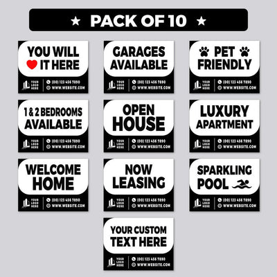 Custom Apartment Leasing Yard Signs - 10 Pack, 24"x18", Double-Sided, Personalize with Text/Logo/Photo, Durable Metal H-Stake Included
