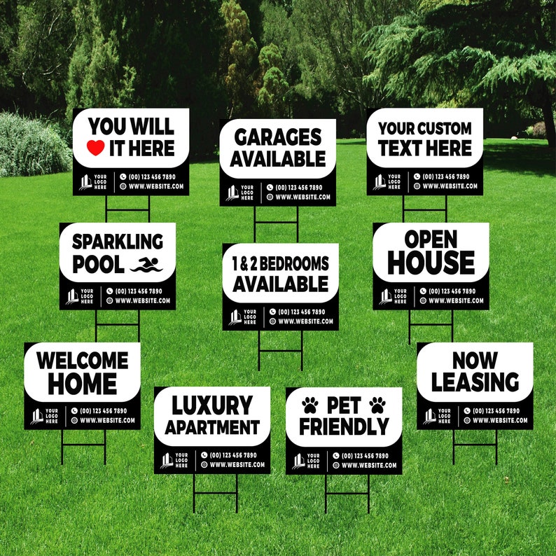 Custom Apartment Leasing Yard Signs - 10 Pack, 24"x18", Double-Sided, Personalize with Text/Logo/Photo, Durable Metal H-Stake Included