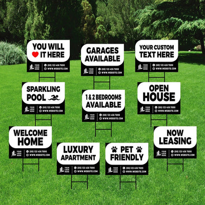 Custom Apartment Leasing Yard Signs - 10 Pack, 24"x18", Double-Sided, Personalize with Text/Logo/Photo, Durable Metal H-Stake Included