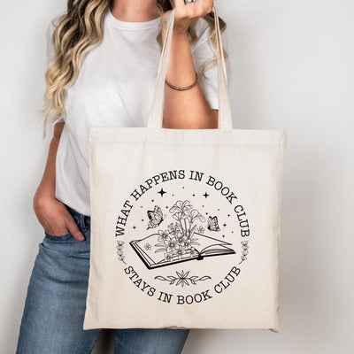 What Happens In Book Club Stays In Book Club Tote Bag, Book Nerd Tote Bag, Book Lover Bag, Floral Book Bag, Bookworm Gift, Gifts for Readers