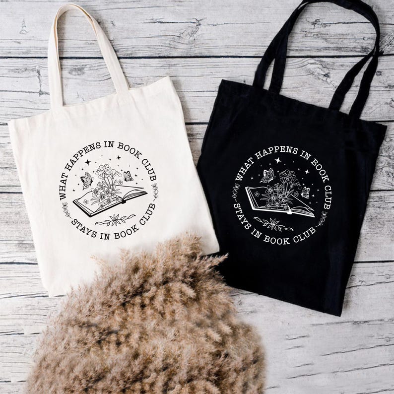 What Happens In Book Club Stays In Book Club Tote Bag, Book Nerd Tote Bag, Book Lover Bag, Floral Book Bag, Bookworm Gift, Gifts for Readers