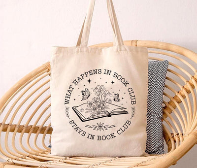 What Happens In Book Club Stays In Book Club Tote Bag, Book Nerd Tote Bag, Book Lover Bag, Floral Book Bag, Bookworm Gift, Gifts for Readers