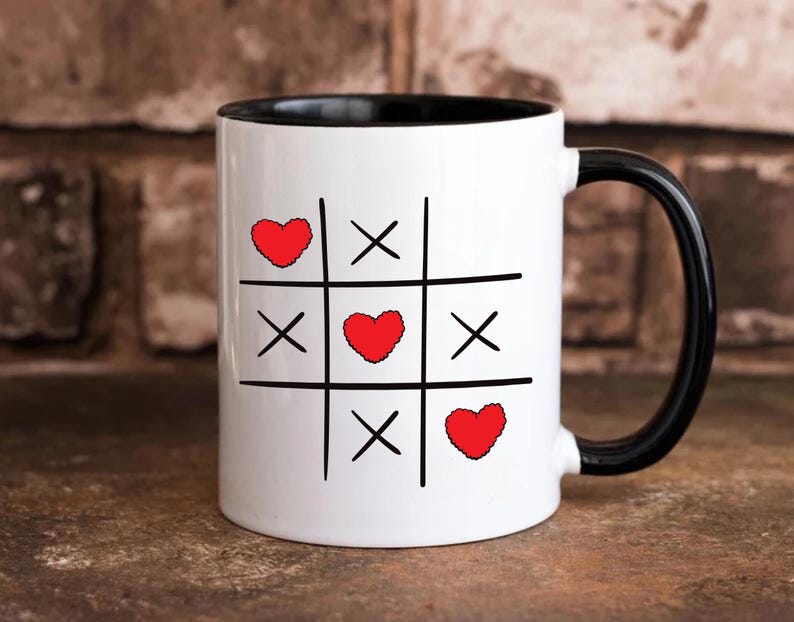 Valentine's Day Tic Tac Toe Mug, XOXO Red Heart Coffee Mug